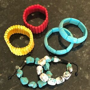 6 PIECES TURQUOISE Howlite Stretch Red Yellow & Drawstring Chunky BRACELET LOT